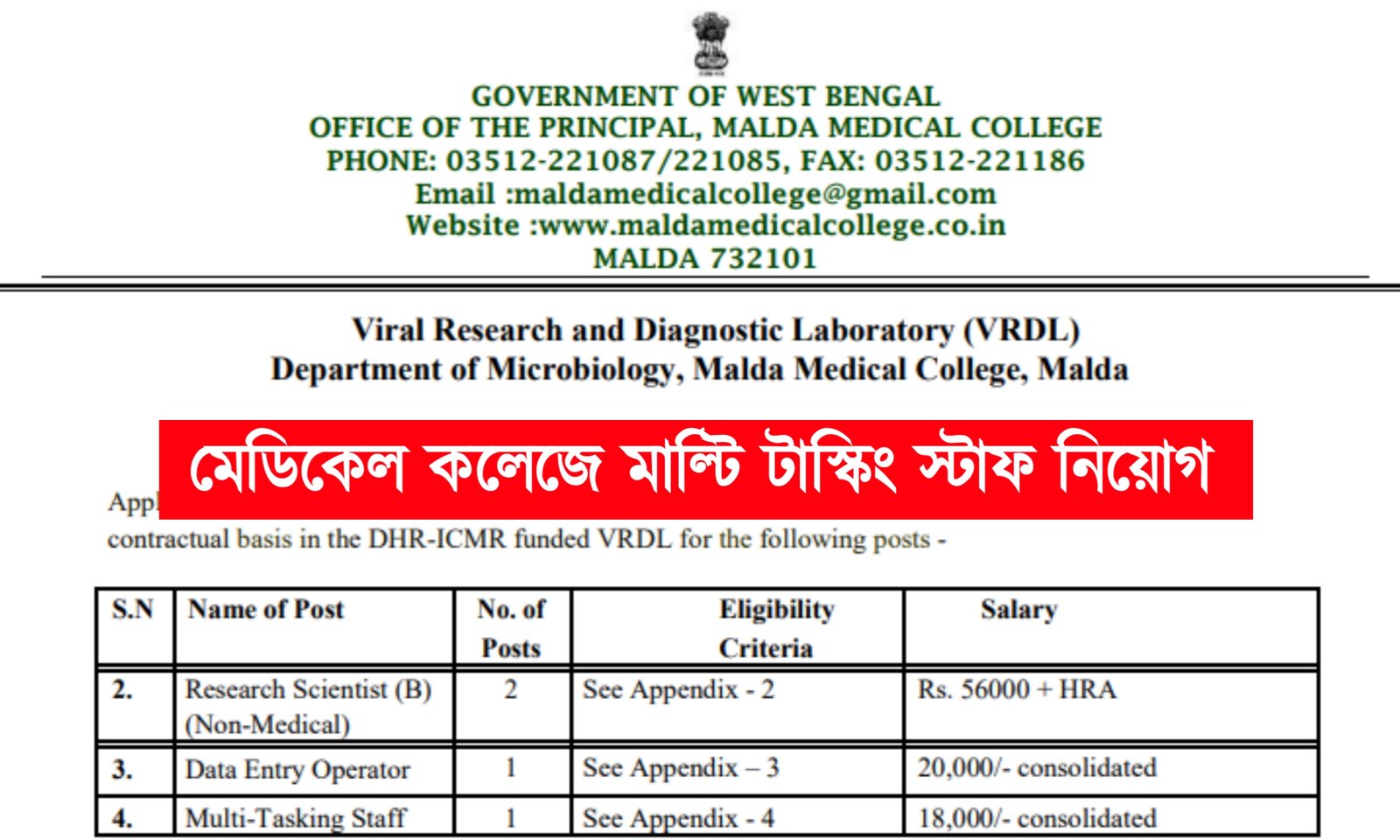 জ্যের মেডিকেল কলেজে মাল্টি টাস্কিং স্টাফ নিয়োগ