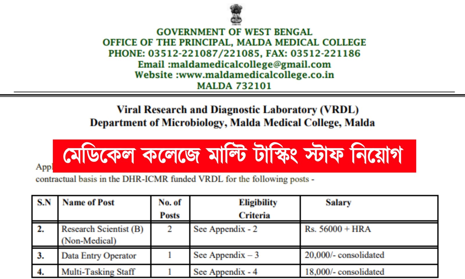 জ্যের মেডিকেল কলেজে মাল্টি টাস্কিং স্টাফ নিয়োগ