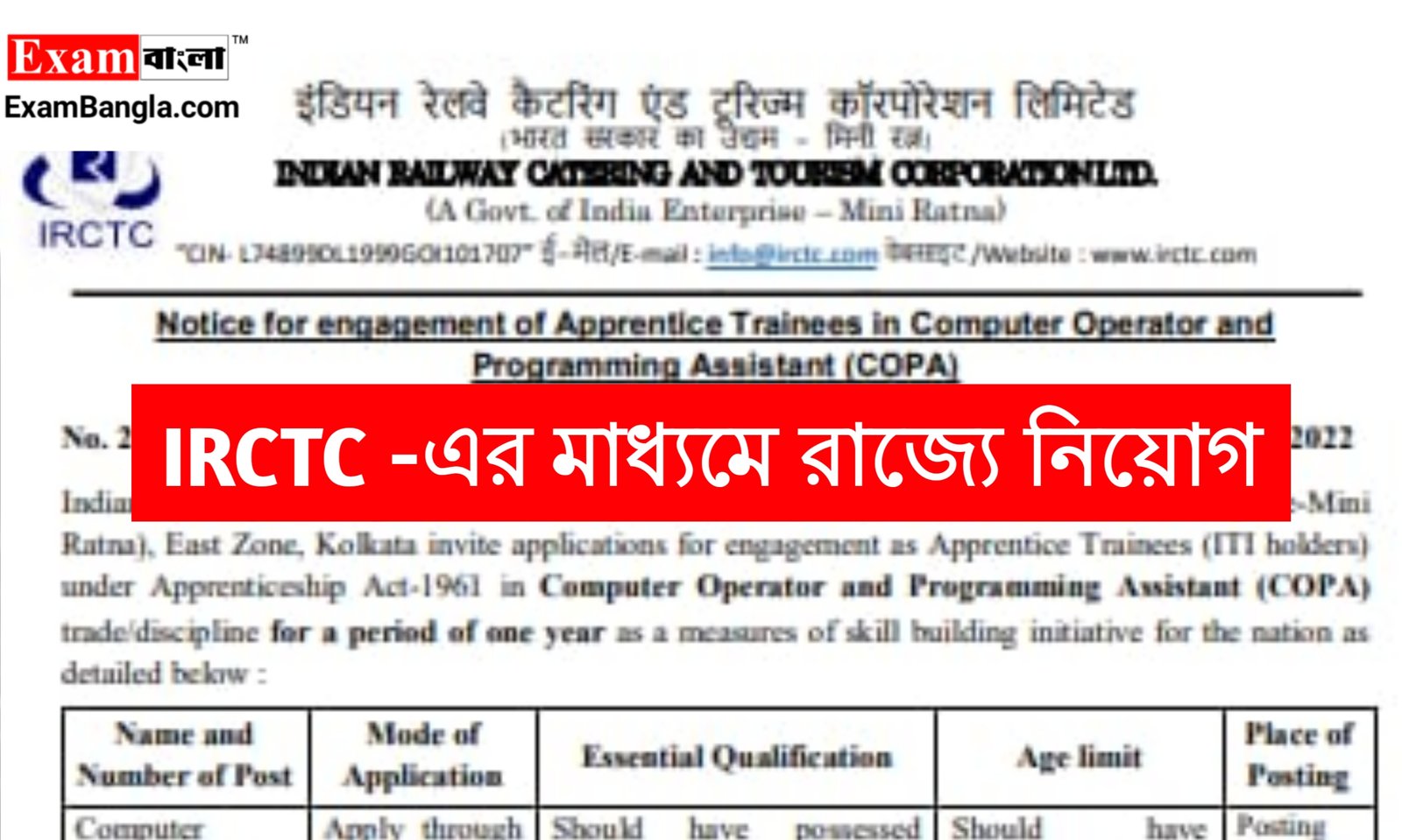 IRCTC -এর মাধ্যমে রাজ্যে নিয়োগ