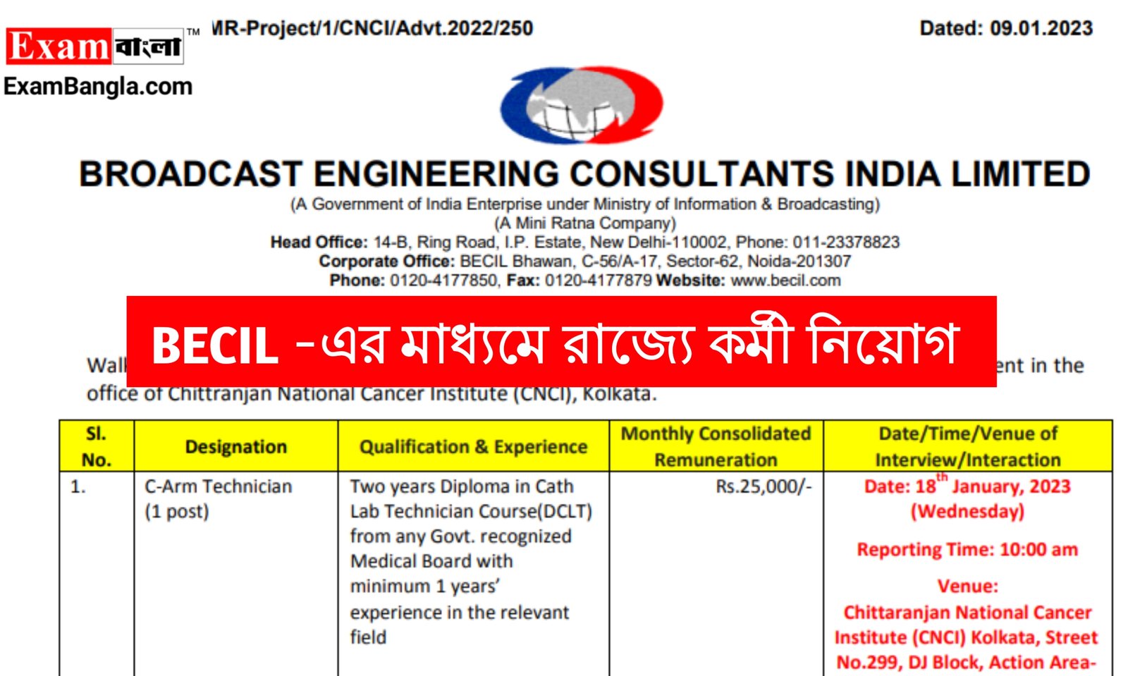 কেন্দ্রীয় সরকারের BECIL দপ্তরে কর্মী নিয়োগ