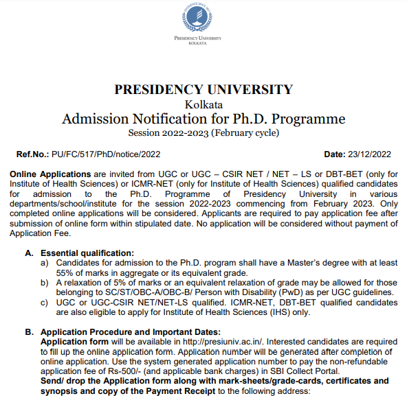 Presidency university phd admission