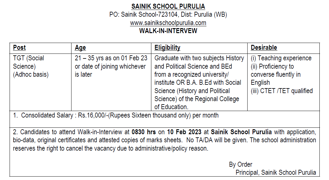 Purulia Sainik School Recruitment