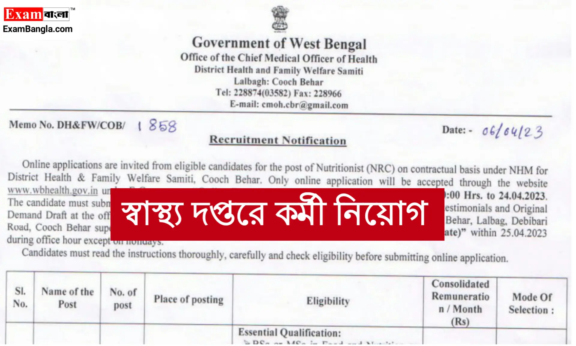 স্বাস্থ্য দপ্তরে মহিলা কর্মী নিয়োগ