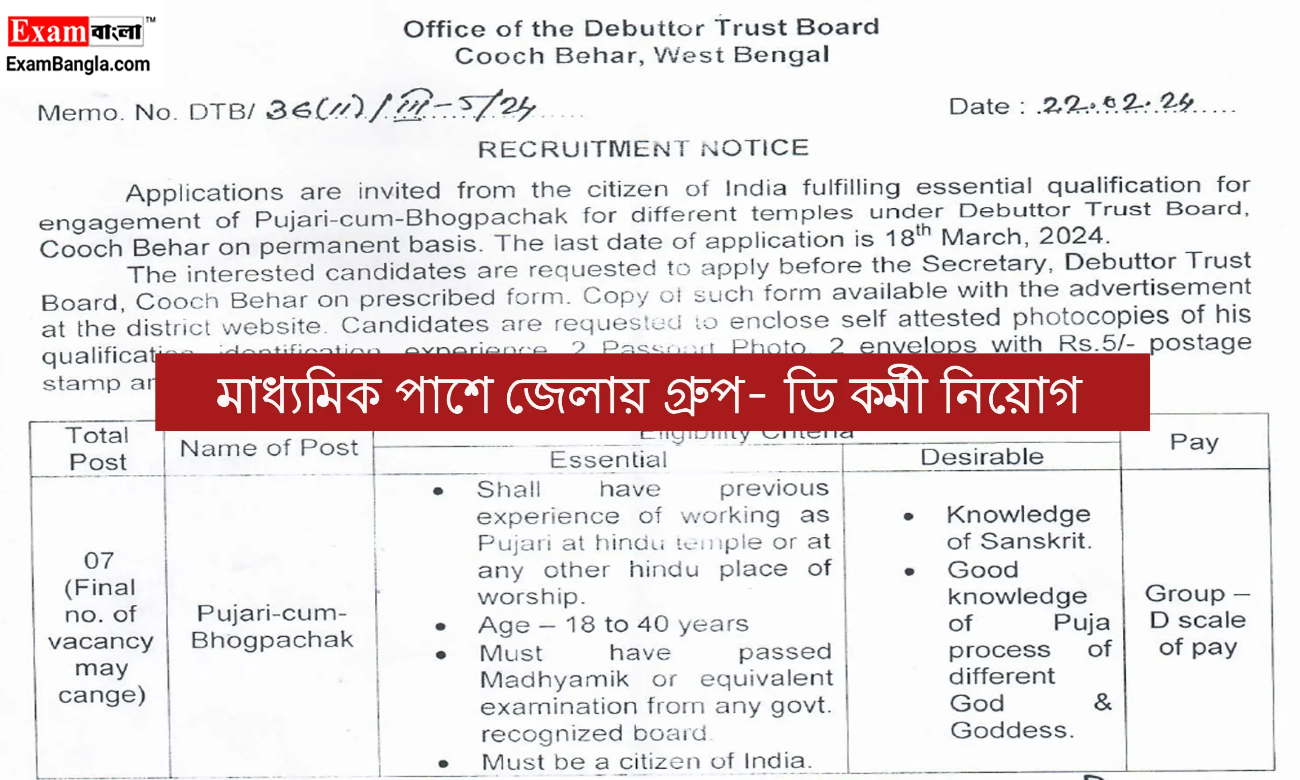 জেলায় গ্রুপ- ডি পদে কর্মী নিয়োগ