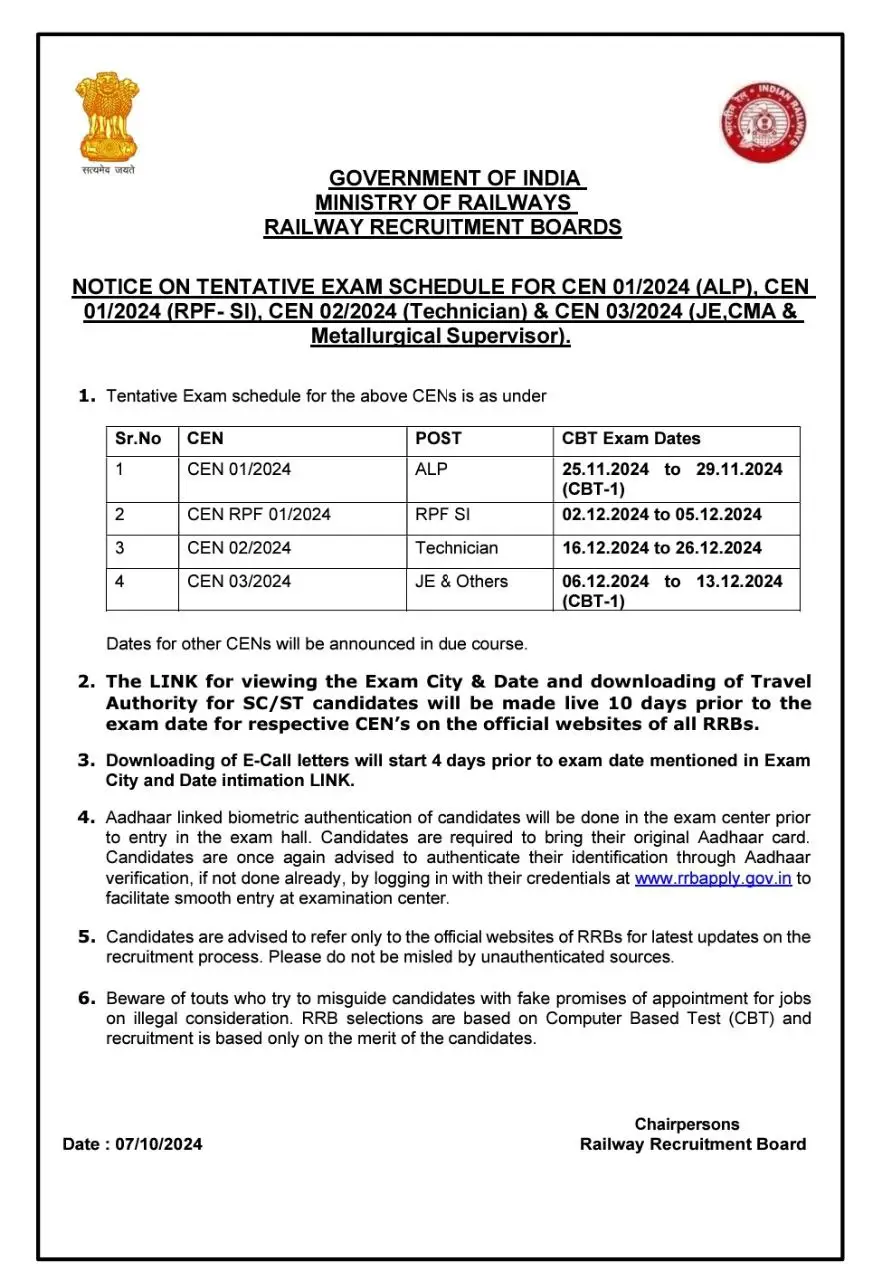 RRB মোট 4 টি পরীক্ষার তারিখ