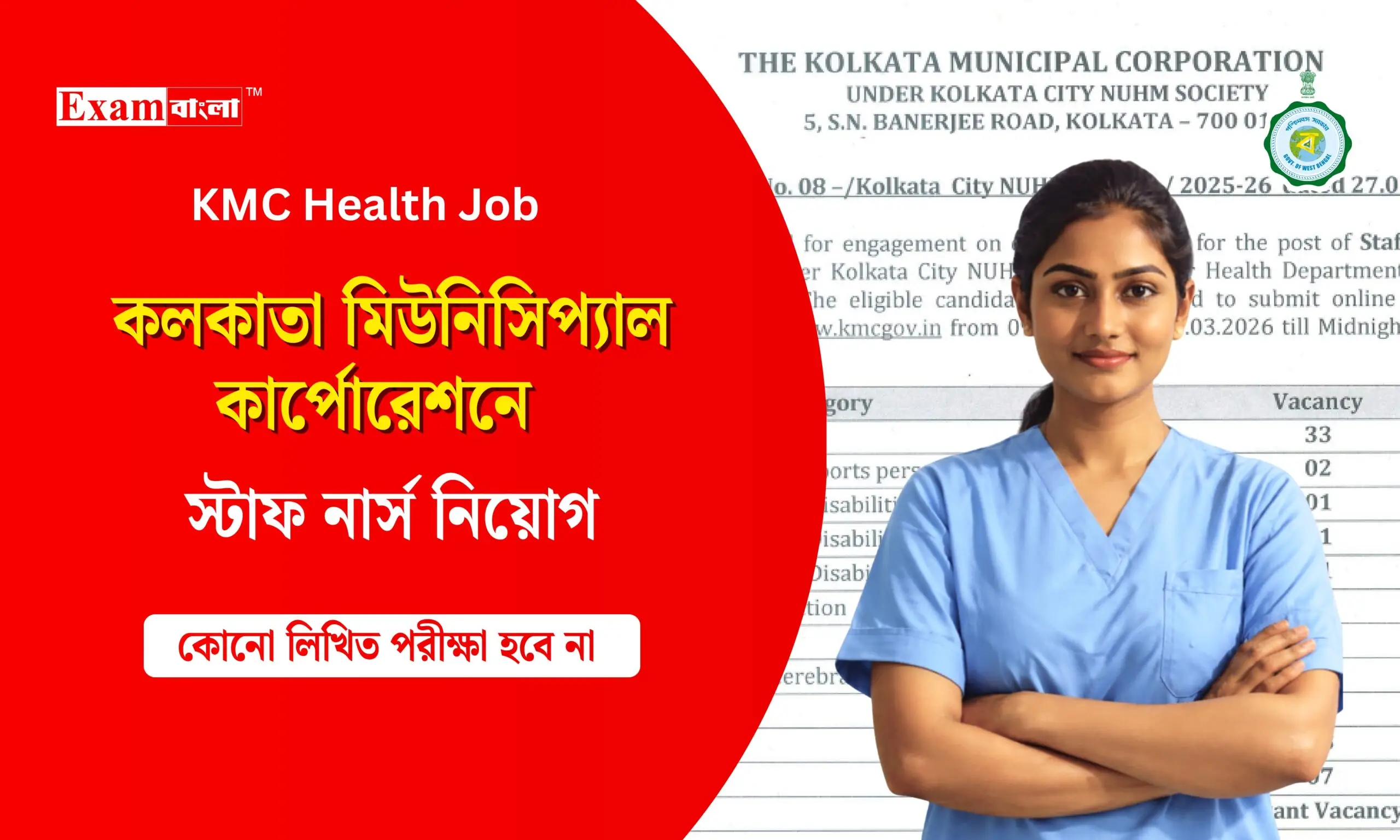 কলকাতা মিউনিসিপ্যাল কার্পোরেশনে স্টাফ নার্স নিয়োগ
